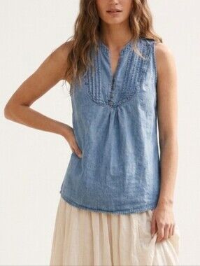 XS Y2K Light Blue Denim Pintuck Tank Sleeveless Top